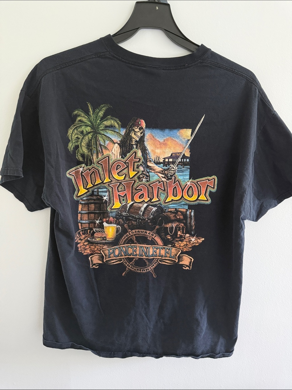 Gildan Black Inlet Harbor Graphic Tee with Multicolor Pirate Print